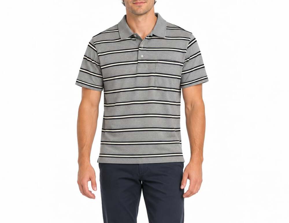 St. John's Bay 100% Cotton Men's Gray Striped Short Sleeve Polo Shirt with Chest